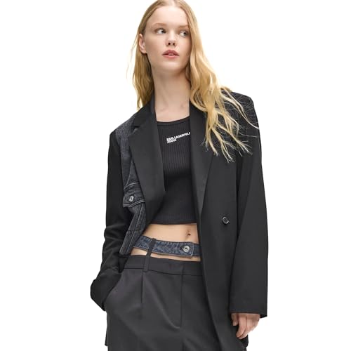 KARL LAGERFELD JEANS Women's Mixed Denim Blazer, Washed Black-Black, Large
