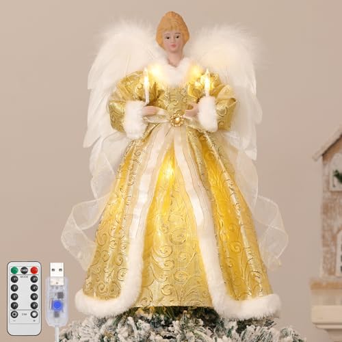 Lewondr Christbaumspitze Engel, 12 Zoll Glitzernd Weihnachtsdeko Weihnachten Baumspitze mit Timer, USB-betrieben Fernbedienung Tannenbaum Spitze für Weihnachtsbaum Weihnachten Party Innen, Goldene