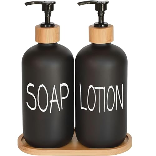 Image of Black Soap Dispenser Bathroom Set, Set with Glass Dispenser, Bamboo Pumps & Tray. Hand and Lotion Suitable for Farmhouse Decor