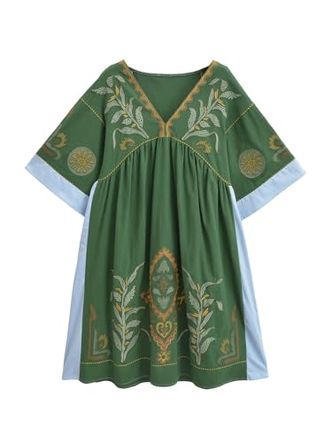 Image of Joiemont Womens Oversized Floral Embroidered Long Dress with V-Neck and 3 /4 Sleeves Vintage Embroidery Babydoll Dress