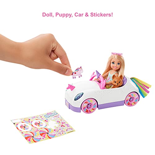 Barbie Club Chelsea Doll (6-Inch Blonde) with Open-Top Rainbow Unicorn-Themed Car, Pet Puppy, Sticker Sheet… - Image 4