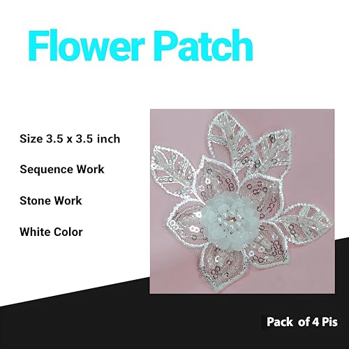 Image of White Flower Applique Patch Embroidered - Pearl Stone & Zardosi Sequins Work on Fabric, 3.5.x3.5 Inch, Pack of 4 - Perfect for Sarees, Dresses, Dupattas & Crafts