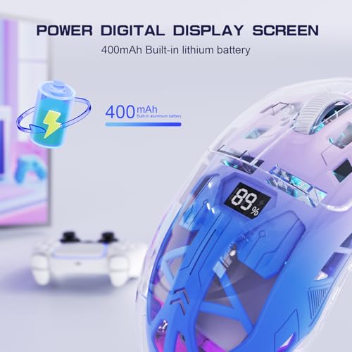 FREEWOLF A2 Bezprzewodowa Mysz Do Gier, Podwójny Tryb 2.4G/Bluetooth Myszki Do Gier Pc, mysz RGB z Ekranem Wyświetlacza Baterii, Przezroczysta Obudowa, PixArt 3212 4000 DPI, Zmierzch Fioletowy