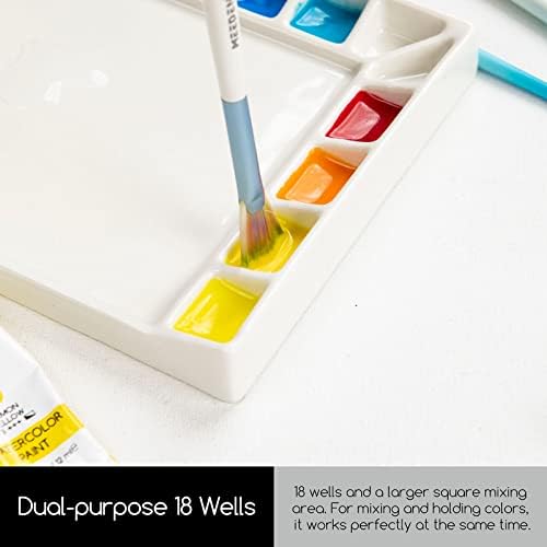 MEEDEN Ceramic Artist Paint Palette, Mixing Porcelain Palette for Watercolor Gouache Acrylic Oil Painting, Rectangle, 18 Wells, 20.3 x 1.9 x 14cm