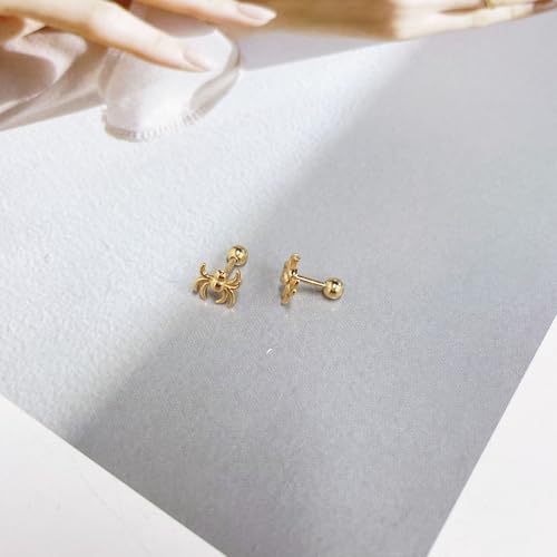 Delicate Spider Cartilage Small Stud Earrings for Women Minimalist Punk 925 Sterling Silver Gold Plated 20G Screw Back Helix Tragus Sensitive Ears Halloween Piercing Studs Cute Animals Hypoallergenic Fashion Jewelry Gift2