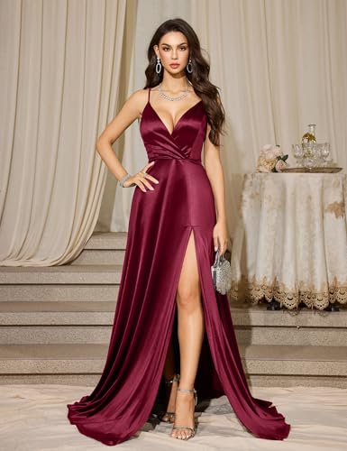 Image of MUXXN Women's Gorgeous Spaghetti Strap V Neck Stain Split Evening Party Maxi Dress