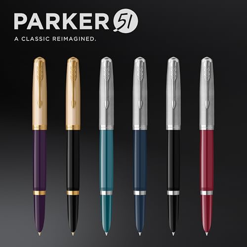 Image of Parker 51 Fountain Pen Teal Blue Barrel with Chrome Trim Fine Nib with Black Ink Cartridge Gift Box