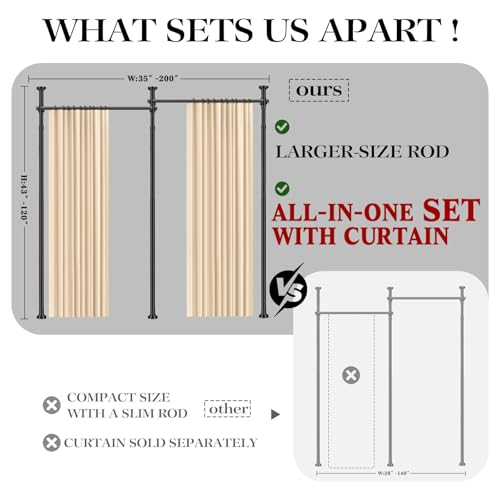 Image of Room Divider Curtain Set-No Drilling Curtain Rod Set, Retractable Room Divider, Adjustable for Office Bedroom, Easy Install Beige-100 W x 96 inch L(Pack of 2)