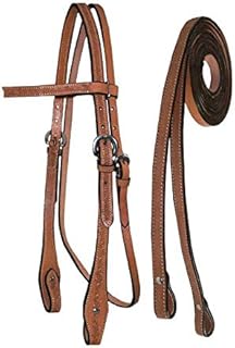 Tahoe Tack Barbwire Leather Western Hand Tooled Browband Headstall with Matching Split Reins