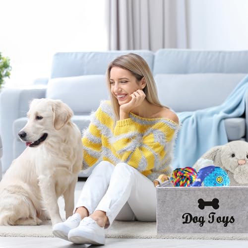 inheming Hundespielzeug Aufbewahrung, Filz Aufbewahrungsbox für Hundespielzeug, 38cm x 25cm x 18cm,Rechteck Aufbewahrungskorb für die Organisation von Haustierspielzeug, Decken, Leinen Grau