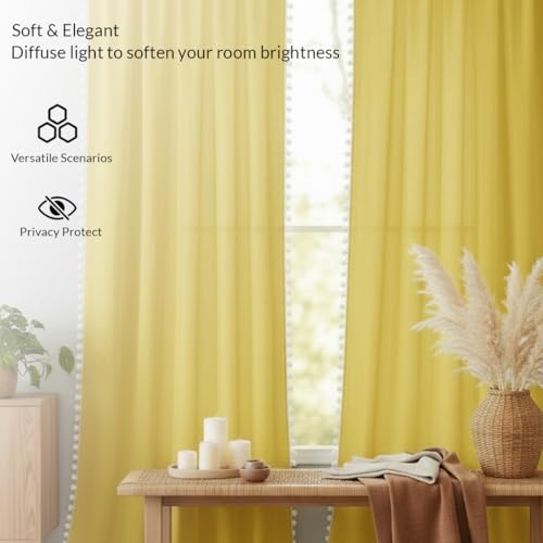 Image of HOMEMONDE Sheer 10 Feet Curtains with Decorative Side Border Pompom Curtain for Long Door, Linen Textured Light Filtering, Rod Pocket, 1 Piece - (304 CM, Mustard)