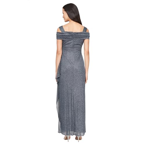 Image of Alex Evenings Women's Long Cold Shoulder Dress, Mother of The Bride, Formal Events, Smoke Glitter, 8 Petite