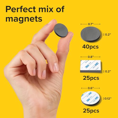 Image of Strong Ceramic Round and Square Magnets with Adhesive Backing (3 Sizes Mix, 90 pcs) - Heavy Duty Sticky Magnets, Non-Corrosive, Versatile for Home, Office, Workshop, Whiteboard, Fridge and Hobby Use