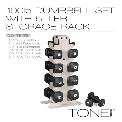 Image of Tone Fitness Neoprene Dumbbell Set with Storage Rack - Non-Slip, Anti-Roll Hand Weights for Home Gym Workouts | 20 lb, 32 lb, 50 lb, 60 lb & 100 lb Options