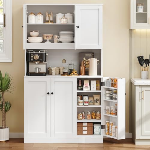71" Tall Kitchen Pantry Storage Cabinet with Microwave Stand & Do...