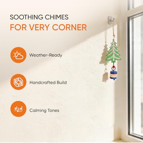 Image of Aakriti Art Creations Green Tree Wind Chime | Handmade Modern Art Wooden & Metal Wind Chime | Outdoor & Indoor Decorative Wind Chimes for Balcony, Garden, Living Room & Gifting