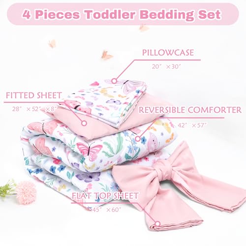Image of Toddler Bedding Set for Girls 4 Pieces Butterfly, Soft Breathable Toddler Comforter Set, Flower Print, Includes Reversible Comforter, Fitted Sheet and Flat Sheet, Pillowcase