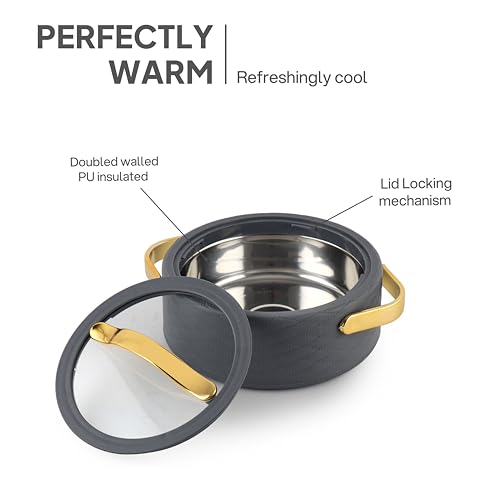 Image of CELLO Velvetto Deluxe 1500 Insulated Casserole Hot Box for Kitchen 1500 ml, Grey | Airtight See Through Lid Hot Pot Case Keeps Food Hot & Warm for Long Hours, Casserole Set for Roti, Rice & Biryani