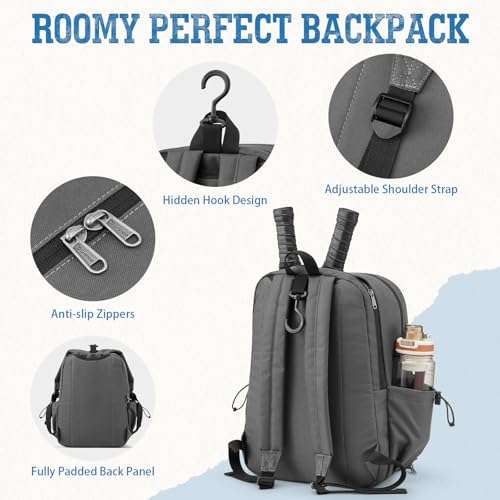 G4Free Pickleball Bag, Pickleball Backpack Fits 2 Paddles with Shoes Compartment and Fence Hook for Men and Women(Grey) — view 6