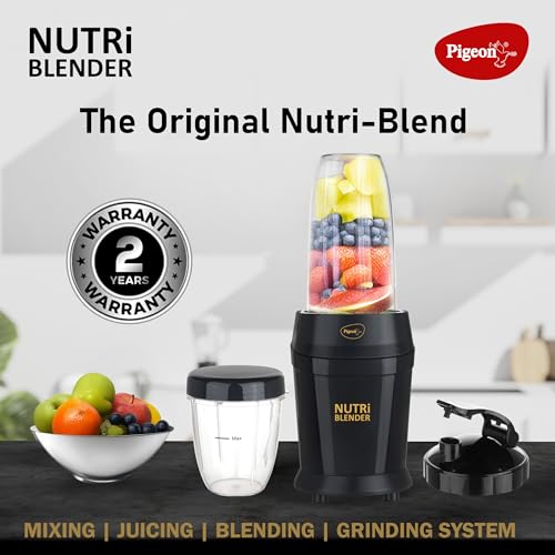 Image of Pigeon By Stovekraft Nutri Blender | Grinder Juicer Blender Smoothie Maker All-in-1 Machine | 600 Watt | 2 Jars- Multiuse Jar 500ml,Dry Grind 300ml, 1 Sipper, 1 Cap |2 Blades|2 Year Warranty