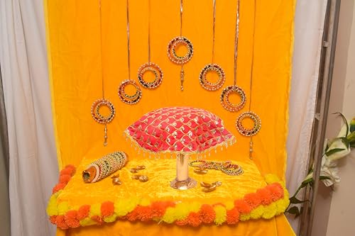 Image of 1 Pc Golden Moti Border Satin Silk Worked Thali-Cover /ThaalPosh /Pooja Thali Cloth for Wedding, janmashtmi, Prasad Plate, ganpati, Navratri, Diwali, Festivals (18 x 18 inch, Red)