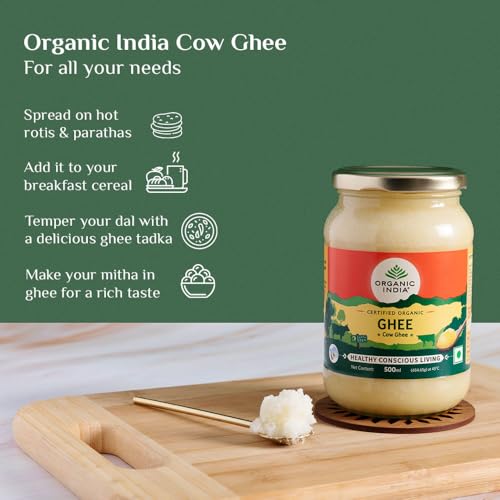 Image of Organic India Pure Cow Ghee, 500ml | Labs Tested on 250+ Parameters | Certified Organic | Glass Bottle | Sourced from Organically Fed Cows | Authentic Taste, Rich in Healthy Fat (Pack of 2)