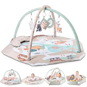 AIBOMUDA Baby Gym Play Mat,Baby Activity Play Mat & & Ball Pit,Washable Tummy Time Mat with 5 Sensory Baby Toys,Boy & Girl Gifts for Inflant Baby 0 3 6 9 13 Months