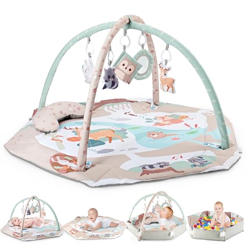 AIBOMUDA Baby Gym Play Mat,Baby Activity Play Mat & & Ball Pit,Washable Tummy Time Mat with 5 Sensory Baby Toys,Boy & Girl Gifts for Inflant Baby 0 3 6 9 13 Months