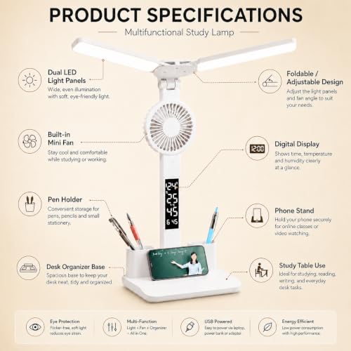 Image of One94Store SmartTwin Pro Design Rechargeable LED Table Lamp | Dual Arm Desk Light with Fan & Phone Holder | Touch Control Dimmable Study Lamp | 2400mAh Battery | USB Powered (White)