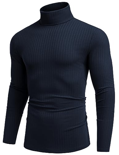 COOFANDY Jersey de Cuello Alto para Hombre T Shirt Camisa de Manga Larga Casual y Cálida Invierno Azul Oscuro L