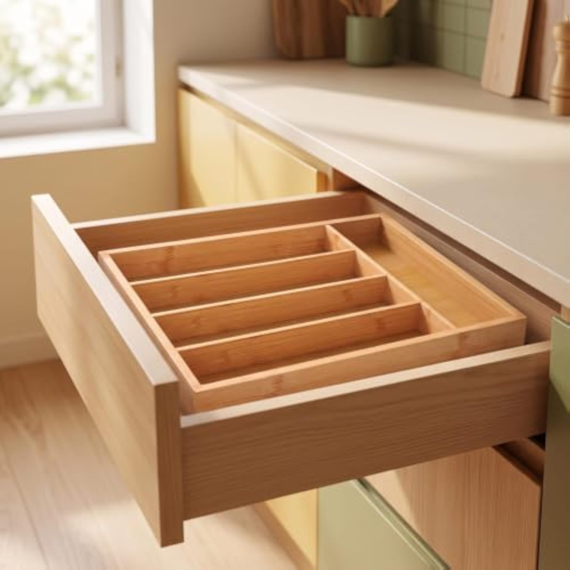 Multi-Compartment Bamboo Drawer Organizer