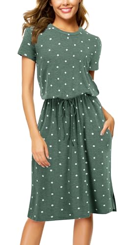 Image of Simier Fariry Womens Summer Hide Belly Knee Length Travel Dress Pocket Short Sleeve Midi Work Casual Outfits