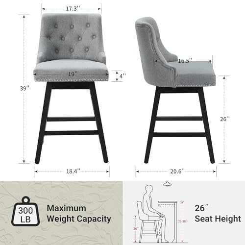 Busaurus Swivel Counter Height Bar Stools, 26 inch 360° Swivel Bar Stools with Backs, Upholstered Counter Stool for Kitchen & Dining Room, Set of 4, Solid Wood Legs, Grey - Thumbnail 2