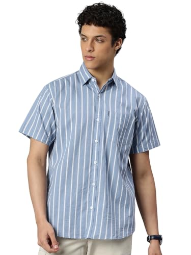 Image of Majestic Man Men's Pure Cotton Striped Half Sleeve Slim Fit Casual Shirt for Men