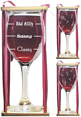 Classy, Sassy, Bad Assy Stemmed Wine Glass with Charm and Presentation Packaging