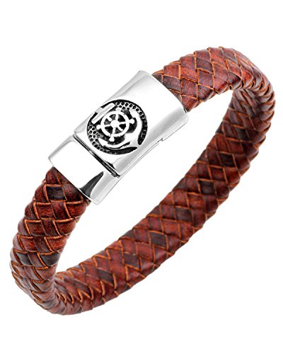 Image of Young & Forever Men's Genuine Braided Leather and Titanium Steel Bracelet | Bold Punk Tiger Eye Bead & Multi-Strand Wrist Bands | Vintage Nautical Clasp & Animal Head Hook Hook Kada Style Options