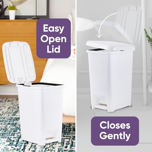 Image of Superio 6.5 Gallon Slim Step On Pedal Plastic Trash Can, Waste Bin for Under Desk, Office, Bedroom, Bathroom - 26 Qt, White