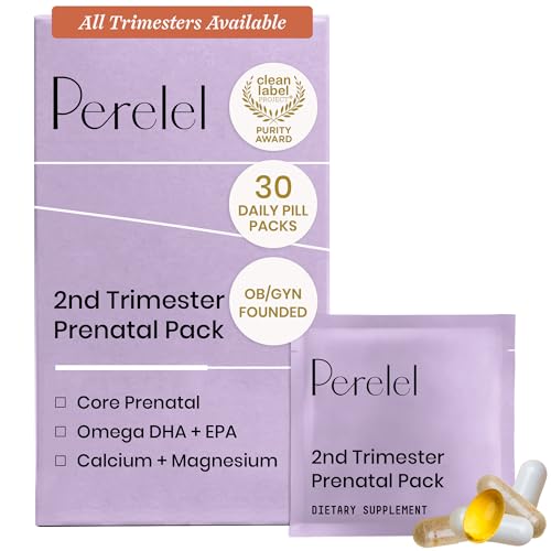 Perelel 2nd Trimester Prenatal Pack Multivitamin with Magnesium Omega 3 Iron & Calcium Nutritional Support for Second Trimester Wellness Soy & Gluten Free Non GMO 30 Daily Pill Packs
