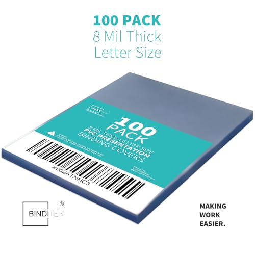 Image of Binditek 8 Mil PVC Binding Covers, 8.5 x 11 Inches, Clear, 100 Pack | Plastic Binding Covers, 8.5 inch x 11 inch Letter Size, Clear, Square Corners, Unpunched, Ideal for Business Reports and Proposals