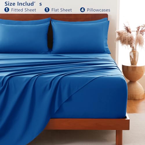 Image of CozyLux 6-Piece Cal King Sheet Set, Fits 18-21 Inch Mattresses, Oeko-TEX | 4 Pillowcases, 1 Flat Sheet and 1 Fitted Sheet with All-Around Elastic and 21-Inch Deep Pocket for a Secure Fit, Classic Blue