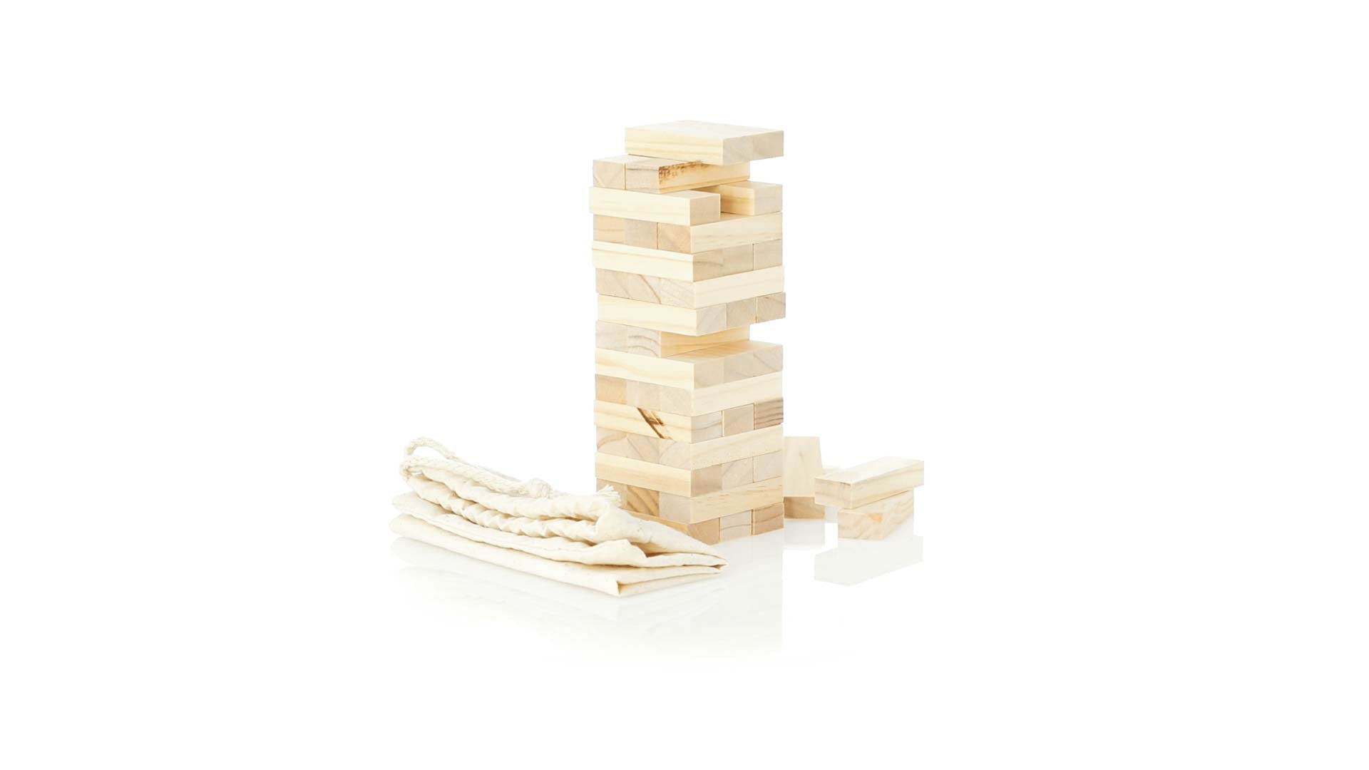 Makito Juego Torre de Madera de Habilidad (tamaño pequeño/Viaje). Incluye 45 Piezas de Madera y Viene presentado en una Resistente Funda de algodón con Cierre de cordón.