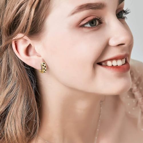 Small Checkered Hoop Earrings, Multicolor Enamel Hoops Earrings for Women, Tiny Round Circle Huggie Hypoallergenic Earrings Piercing Jewellery Gift for Women3