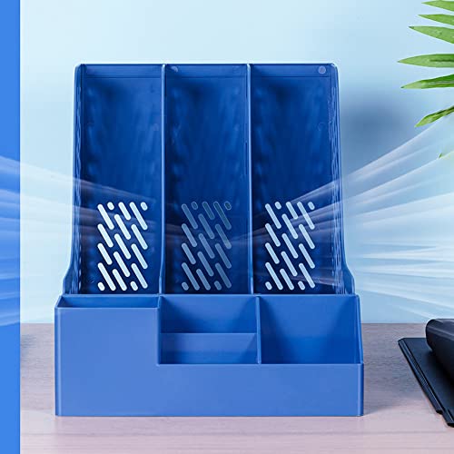 Image of wolpin File Organiser 3 Section Foldable Files Rack & 4 Compartments Stationey Holder Desk Organizer Paper Document Sorter Tray /Organizer Stand, ABS Plastic (25.5 x 32 x 27.5 cm), Blue