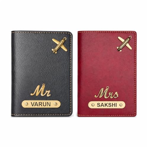 Image of Customized Couple Passport Cover Gift Set 2 Pcs | Personalized Leather Passport Covers with Name & Charm| Anniversary, Valentine, Birthday and Travel Gift (Black)