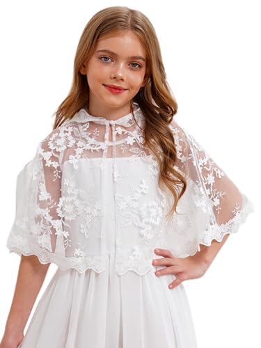 Jelory Kids Girls Princess Sheer Mesh Hooded Cape White Floral Lace First Communion Bolero Shrug for Party Dress2