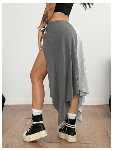 MakeMeChic Women's Letter Print Color Block Skirt Low Waist Hankerchief Twist Split Y2k Skirt3