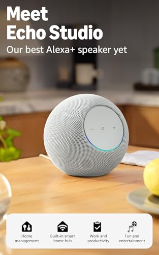 Image of Amazon Echo Studio (newest model), compact design, immersive spatial audio and Dolby Atmos, Designed for Alexa+, Glacier White