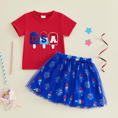 Image of Kayotuas Toddler Baby Girl 4th of July Outfit American Flag Shirt Red Blue Stars Tulle Tutu Skirts Kids Fourth of July Dress