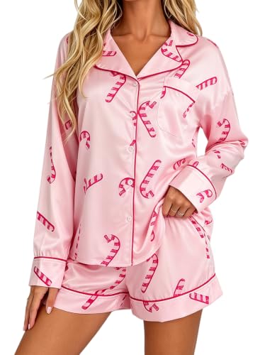 Luckinbaby Women Satin Christmas Pajamas Shorts Set Candycane 2 Piece Button Down Lounge Set Long Sleeve Shirt Shorts Sleepwear(Candy Pink,Small) - image 5