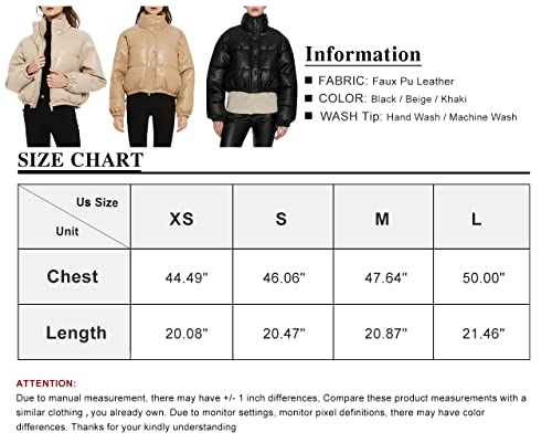 Flygo Women's Faux Leather Puffer Jacket Zip Up Padded Winter Bubble Coat Down Jacket(Beige-L) #TOP6